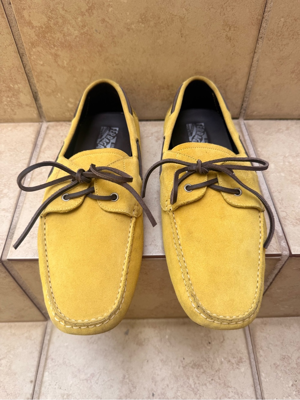 Salvatore Ferragamo Suede Driver Loafers Yellow Mustard with leather laces